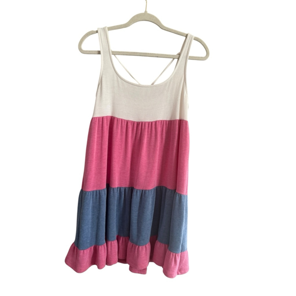 Emerald Colorblock Tiered Mini Dress White Pink Blue S - Picture 2 of 9